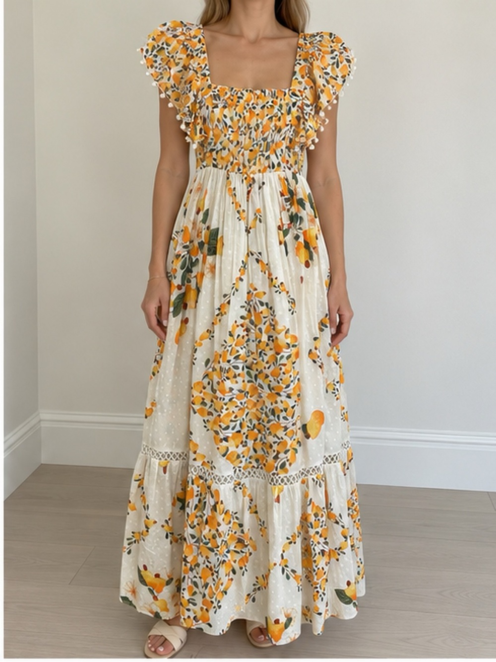 FARM Rio Cashew Ruffle Crossback Maxi Dress White Orange Floral S